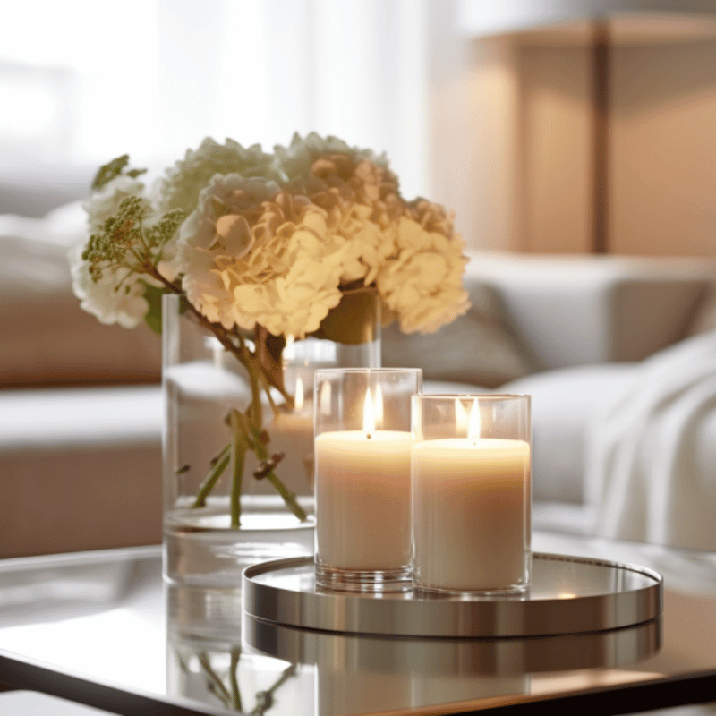 Two lit candles next to a vase with white flowers.